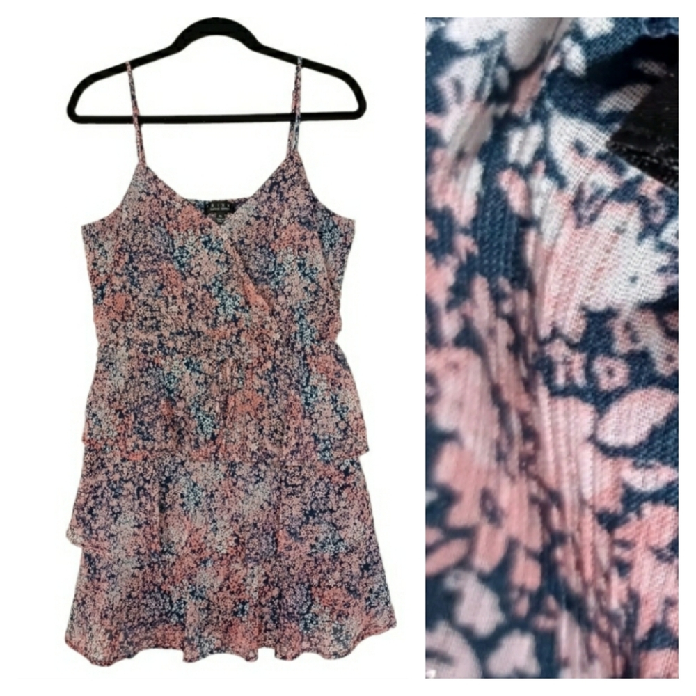 TRIXXI Metallic Pink Blue Floral Print Sleeveless Ruffle Navy Dress X-Large